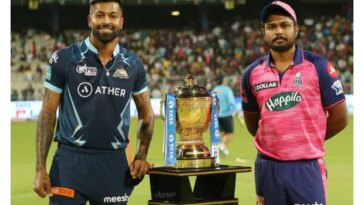 Rajasthan Royals captain Sanju Samson poses with Gujarat Titans skipper Hardik Pandya before the GT vs RR IPL 2022 Final Live. Photo: Sportzpics for IPL