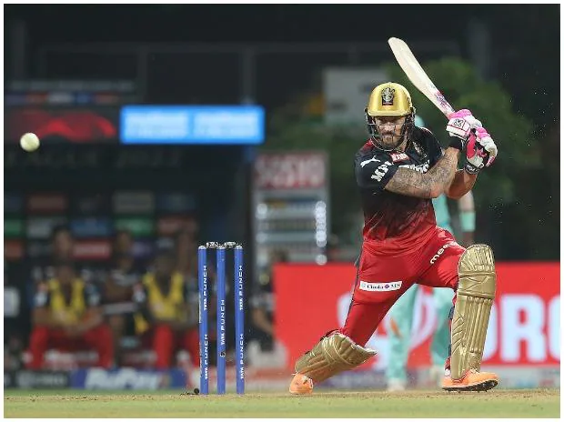 Faf Du Plessis captain of Royal Challengers Bangalore hits 96 vs LSG. Photo: Sportzpics for IPL