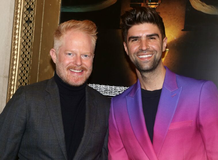 NEW YORK, NEW YORK - OCTOBER 17: Jesse Tyler Ferguson and Justin Mikita pose at the opening night for the new play