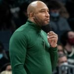 Milwaukee Bucks acting head coach Darvin Ham looks on during the first half of an NBA basketball game against the Charlotte Hornets, Saturday, Jan. 8, 2022, in Charlotte, N.C. (AP Photo/Matt Kelley)