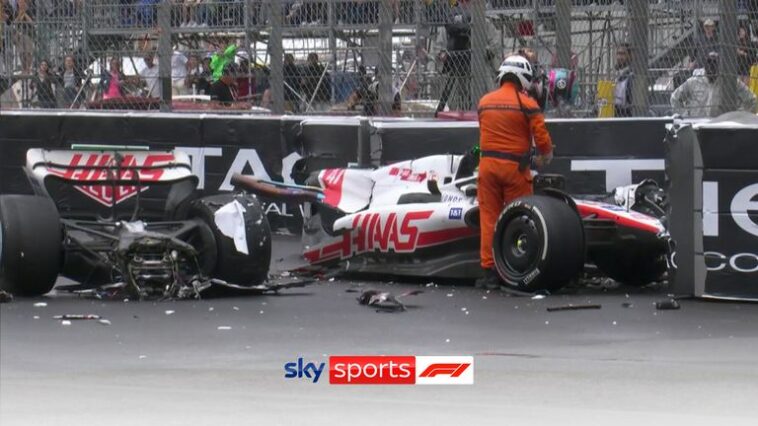 Mick Schumacher's car split in two in a high-speed crash at the swimming pool chicane, leading to a red flag at the Monaco Grand Prix