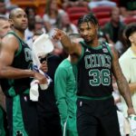 Marcus Smart #36 of the Boston Celtics reacts against the Miami Heat during the fourth quarter in Game Five of the 2022 NBA Playoffs Eastern Conference Finals at FTX Arena on May 25, 2022 in Miami, Florida. Andy Lyons/Getty Images/AFP