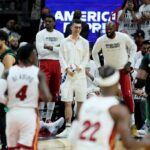 Tyler Herro of the Miami Heat reacts from the bench against the Boston Celtics during the third quarter in Game Five of the 2022 NBA Playoffs Eastern Conference Finals at FTX Arena on May 25, 2022 in Miami, Florida.