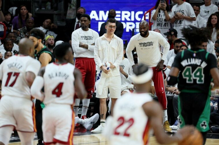 Tyler Herro of the Miami Heat reacts from the bench against the Boston Celtics during the third quarter in Game Five of the 2022 NBA Playoffs Eastern Conference Finals at FTX Arena on May 25, 2022 in Miami, Florida.