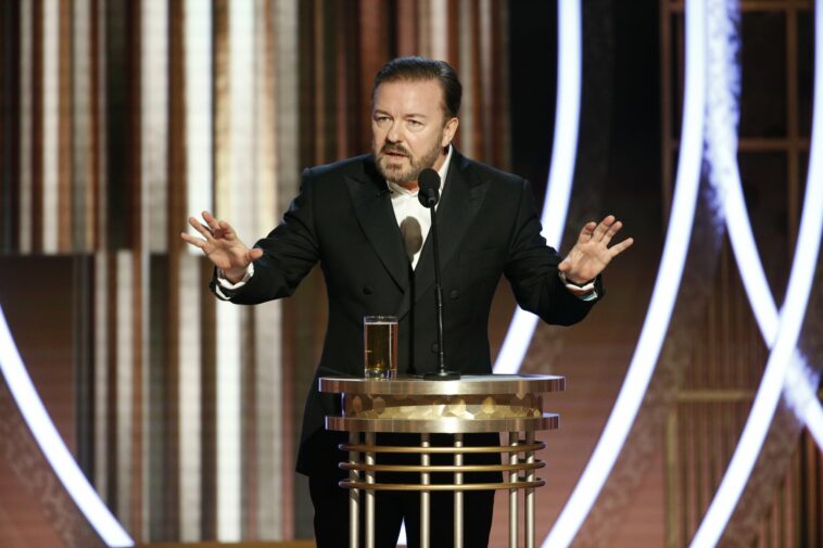 BEVERLY HILLS, CALIFORNIA - JANUARY 05: In this handout photo provided by NBCUniversal Media, LLC,  host Ricky Gervais speaks onstage during the 77th Annual Golden Globe Awards at The Beverly Hilton Hotel on January 5, 2020 in Beverly Hills, California. (Photo by Paul Drinkwater/NBCUniversal Media, LLC via Getty Images)