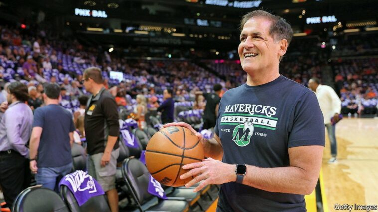 PHOENIX, ARIZONA - MAY 15: Dallas Mavericks owner Mark Cuban reacts before Game Seven of the 2022 NBA Playoffs Western Conference Semifinals between the Dallas Mavericks and the Phoenix Suns at Footprint Center on May 15, 2022 in Phoenix, Arizona. NOTE TO USER: User expressly acknowledges and agrees that, by downloading and/or using this photograph, User is consenting to the terms and conditions of the Getty Images License Agreement. (Photo by Christian Petersen/Getty Images)