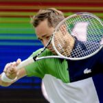 Russia's Daniil Medvedev hits a return to France's Gilles Simon during their Libema Open tennis match in Rosmalen, on June 9, 2022. (Photo by Sander Koning / ANP / AFP) / Netherlands OUT