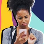 a woman swiping through a dating app looking unhappy