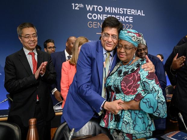 WTO Chief Ngozi Okonjo-Iweala is congratulated by Commerce Minister Piyush Goyal after a closing session of the Ministerial Conference at the WTO headquarters in Geneva June 17, 2022. (Reuters)