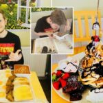 pictures of a man eating a huge 8,000-calorie breakfast and then dessert