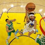 FILE PHOTO: Jun 5, 2022; San Francisco, California, USA; Golden State Warriors guard Klay Thompson (11) shoots the ball against Boston Celtics guard Jaylen Brown (7) during game two of the 2022 NBA Finals at Chase Center. Mandatory Credit: Jed Jacobsohn/pool photo-USA TODAY Sports