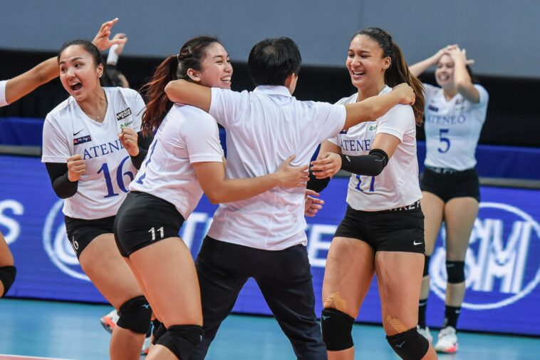 Ateneo Blue Eagles celebrate five-set win over Adamson. UAAP PHOTO