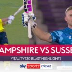 Watch the highlights of the T20 Blast clash between the Hampshire Hawks and Sussex Sharks