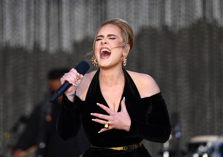 Adele Glimmers in Embellished Louis Vuitton Gown & Schiaparelli Skirt for Hyde Park Festival Performances in London