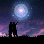 figures looking at horoscope circle in the sky