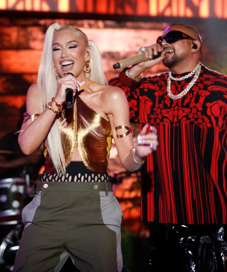 Gwen Stefani Shines in Gold Metallic Cult Gaia Top on ‘Jimmy Kimmel’ for ‘Light My Fire’ Performance