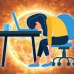 Illustration shows someone sitting at their desk with their head down. Behind them is a picture of the sun which is burning hot.