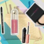 a comp of makeup products on a colourful background