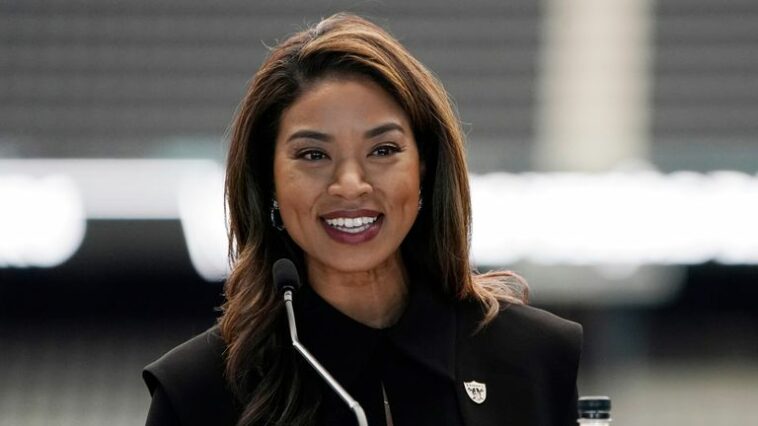 Sandra Douglass Morgan speaks during a news conference announcing her as the new president of the Las Vegas Raiders