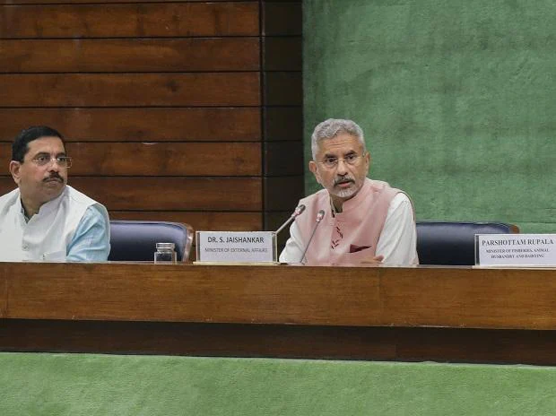 External Affairs Minister S Jaishankar with Union Ministers Pralhad Joshi and Parshottam Rupala during a meeting with Floor Leaders of political parties regarding present situation in Sri Lanka, in New Delhi (Photo: PTI)