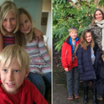 A picture of the girls - Poppy, Holly and Hazel - with Sammy, next to a picture of the children with their mum Patricia