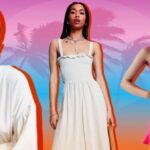 Pictures of white linen dresses on colourful background