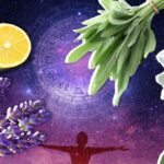 comp of lemon, sage, jasmine, lavender on an astrological starry background