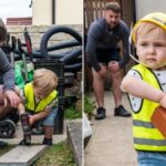 Pictures of a builder and his toddler son working together on site