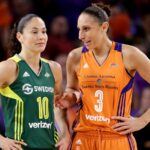 Phoenix Mercury guard Diana Taurasi, right, talks with Seattle Storm guard Sue Bird during the second half of a single-game WNBA basketball playoff matchup, in Tempe, Ariz. Bird and Taurasi headline the 29 players chosen for the U.S. women's basketball team pool. Eleven members of the 2016 Olympic team that won a sixth consecutive gold medal for the Americans are in the pool that was announced Thursday, Dec. 14. (AP Photo/Matt York, File)