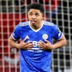 Wesley Fofana celebrates after scoring for Leicester against Rennes