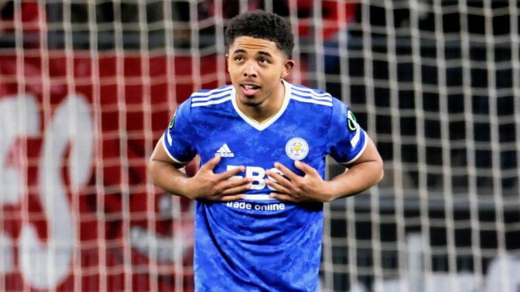 Wesley Fofana celebrates after scoring for Leicester against Rennes