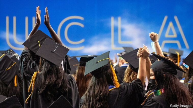 Westwood, CA - June 10:UCLA graduates from the College of Letters and Science celebrate at their commencement ceremony in Pauley Pavilion at the Westwood campus on Friday, June 10, 2022. (Photo by Sarah Reingewirtz/MediaNews Group/Los Angeles Daily News via Getty Images)