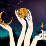 Starry sky background with hands holding various moons