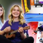 Montage of pictures of the youth club - incl Katie Rankin, Ella Griftiths playing a ukele, a shot of the ping pong table in the club, and two people climbing the climbing wall