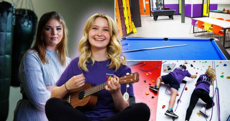 Montage of pictures of the youth club - incl Katie Rankin, Ella Griftiths playing a ukele, a shot of the ping pong table in the club, and two people climbing the climbing wall