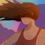 Animation of woman with swooshing hair in front of colourful background