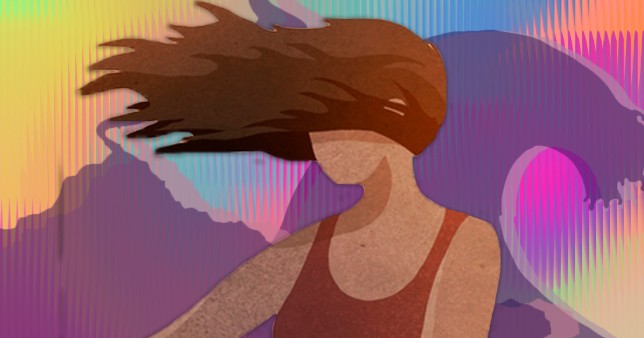 Animation of woman with swooshing hair in front of colourful background