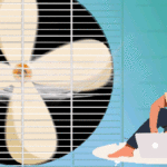 woman sat by rotating fan