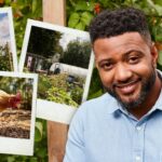 JB Gill from JLS is in a HelloFresh garden wearing a blue shirt. He is smiling at the camera.   To the left there are three polaroids. One shows a chicken, the other shows plants and vegetables growing in rows of troughs in a HelloFresh garden. There is a white greenhouse tent in the distance. The final one shows a white tent in a HelloFresh garden.