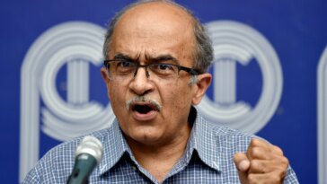 Advocate Prashant Bhushan addresses a press conference at the Press Club of India, in New Delhi.