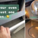 stills from a tiktok showing a lemon and water oven cleaning hack