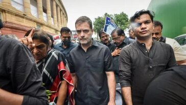 Rahul Gandhi at the Parliament wearing black clothes in protests against the Centre. (PTI Photo)