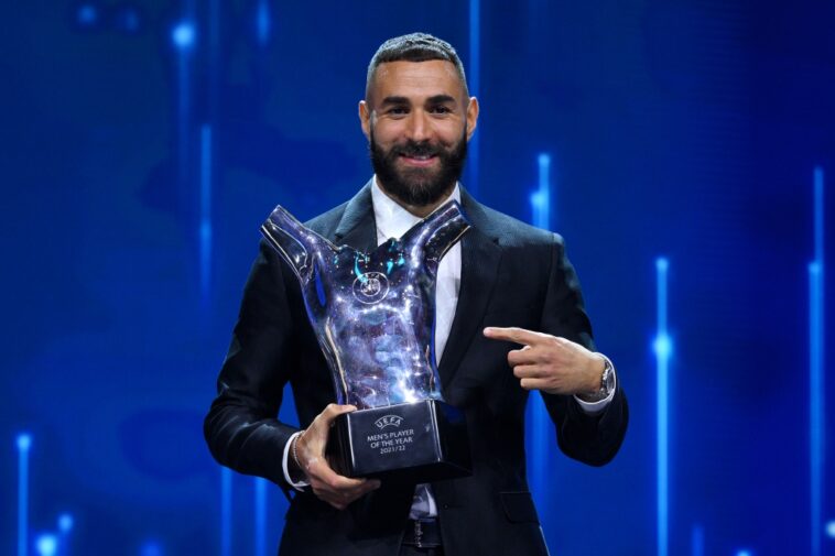 Real Madrid’s Karim Benzema Accepts Men’s Player of the Year at UEFA Awards in Fendi Suit