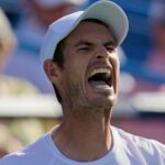 Andy Murray, of Britain, reacts during a first-round match against Mikael Ymer, of Sweden, at the Citi Open tennis tournament in Washington, Monday, Aug. 1, 2022. (AP Photo/Carolyn Kaster)