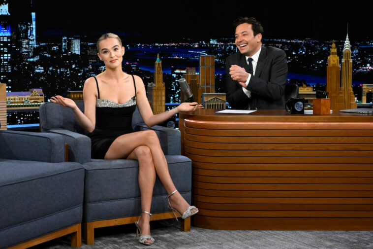 Zoey Deutch Wears Valentino Minidress With Silver Beaded Details on ‘The Tonight Show Starring Jimmy Fallon’