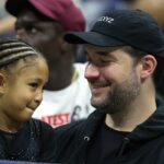 NEW YORK, NEW YORK - AUGUST 29: Alexis Olympia Ohanian Jr. and Alexis Ohanian, daughter and husband of Serena Williams of the United States, are seen prior to Serena's match against Danka Kovinic of Montenegro during the Women's Singles First Round on Day One of the 2022 US Open at USTA Billie Jean King National Tennis Center on August 29, 2022 in the Flushing neighborhood of the Queens borough of New York City. (Photo by Al Bello/Getty Images)