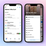 Two screenshots of the Facebook app are displayed on two iPhone X devices floating on a pink and blue cloud looking backdrop. The screens show an example of chats in a group called Women Who Surf