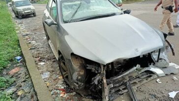 Wreckage of the Mercedes car in which businessman and former Tata Sons Chairman Cyrus Mistry was travelling when it met with an accident in Palghar