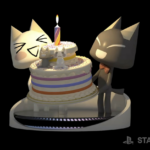 Image of a digital statue of two cats, holding a birthday cake together.