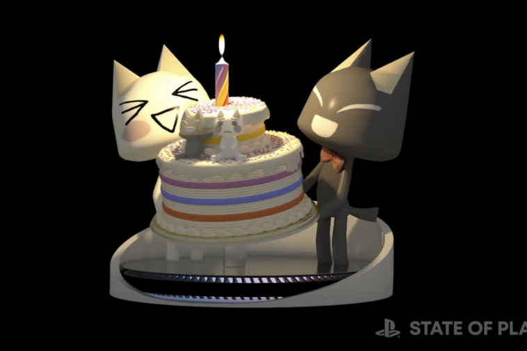 Image of a digital statue of two cats, holding a birthday cake together.